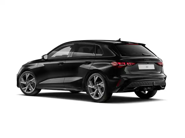 Das Bild zeigt einen schwarzen AUDI A3 SPORTBACK von hinten.
