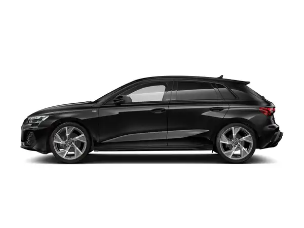 Das Bild zeigt einen AUDI A3 SPORTBACK in Schwarz von der Seite.