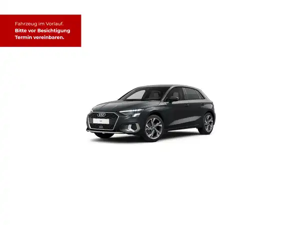 Das Bild zeigt einen schwarzen AUDI A3 Sportback von der Seite. In der oberen linken Ecke befindet sich ein markanter Texteinblendung mit der Aufschrift 'Fahrzeug im Verkauf. Bitte vor Besichtigung Termin vereinbaren.'.