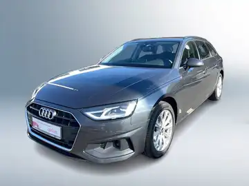 Das Bild zeigt einen grauen AUDI A4 AVANT von vorne. Es enthält ein Händlerlogo und einige Texteinblendungen.