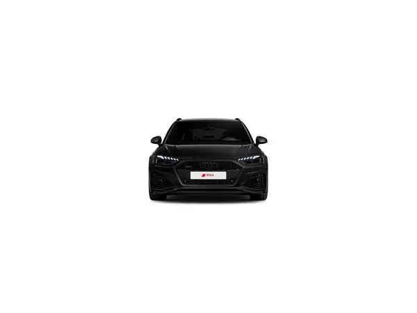 Das Bild zeigt die Vorderansicht eines schwarzen AUDI RS4 AVANT mit einem sichtbaren Händlerlogo.