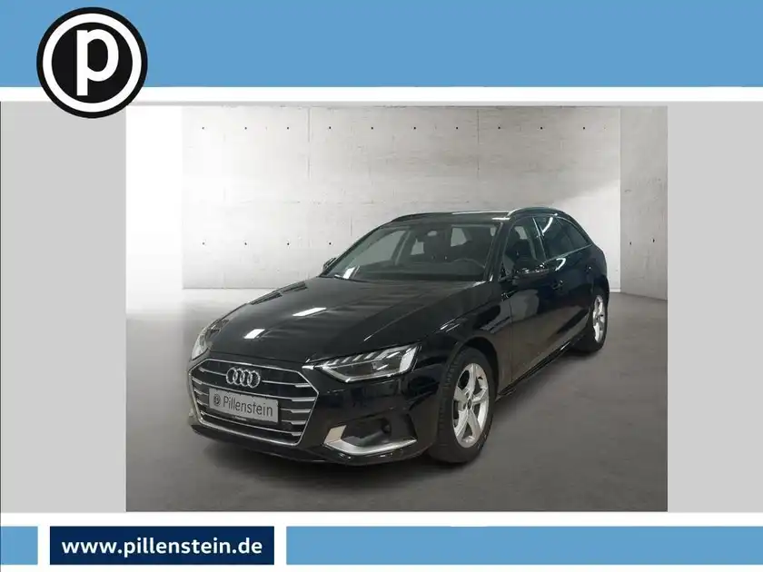 Das Bild zeigt einen schwarzen AUDI A4 AVANT von der Seite. Es enthält ein Händlerlogo und markante Textelemente.