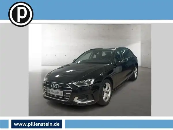 Das Bild zeigt einen schwarzen AUDI A4 AVANT von der Seite. Es enthält ein Händlerlogo und markante Textelemente.