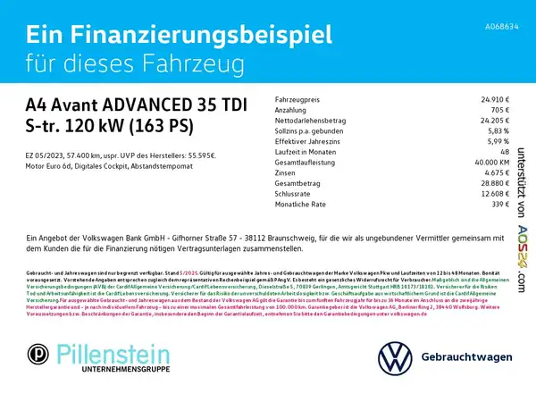 Das Bild enthält Finanzierungsdetails für einen AUDI A4 Avant 35 TDI, einschließlich eines Finanzierungsbeispiels und Preisen.