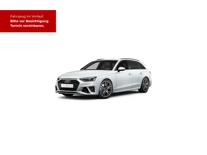 Das Bild zeigt einen weißen Audi A4 Avant, aufgenommen von der Seite. Ein rotes Textbanner weist auf eine Terminvereinbarung hin.