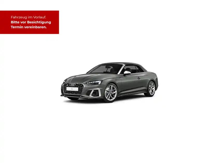 Das Bild zeigt einen grauen AUDI S5 von der Seite. Es enthält markante Texteinblendungen, die auf einen Besichtigungstermin hinweisen.