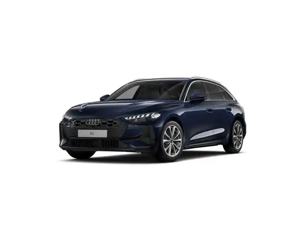 Das Bild zeigt einen blauen AUDI A5 von der Seite. Es enthält das Händlerlogo und Textinformationen.
