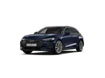 Das Bild zeigt einen blauen AUDI A5 von der Seite. Es enthält das Händlerlogo und Textinformationen.