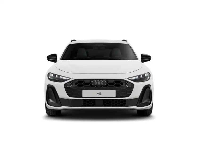 Das Bild zeigt einen weißen Audi A5 aus der Frontalansicht.