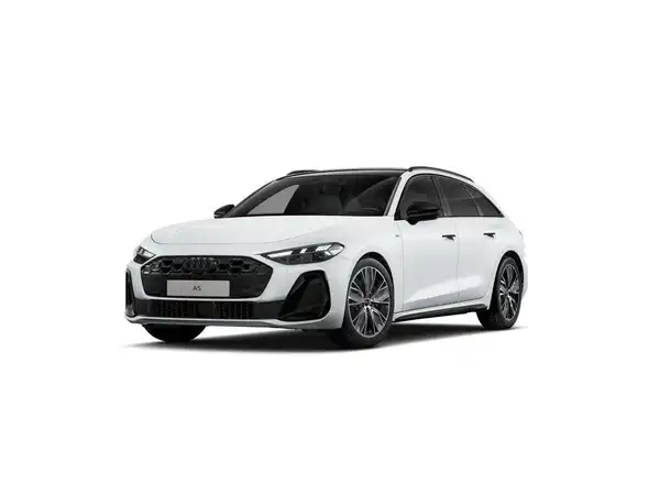 Bild eines weißen AUDI A5 aus der Seitenansicht, mit Händlerlogo und markanten Texteinblendungen.