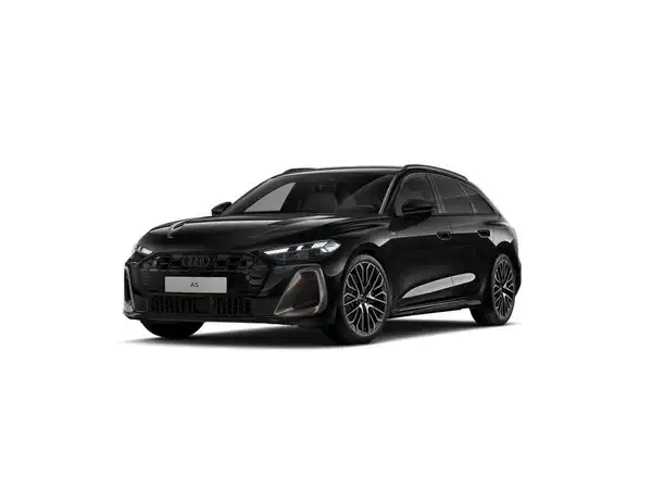 Ein schwarzer Audi A5, aufgenommen von der Seite, mit Händlerlogo und Textinformationen.