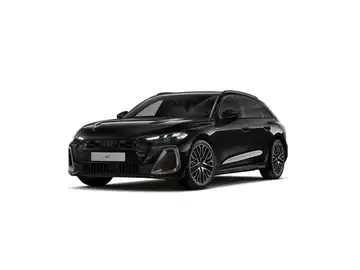 Ein schwarzer Audi A5, aufgenommen von der Seite, mit Händlerlogo und Textinformationen.