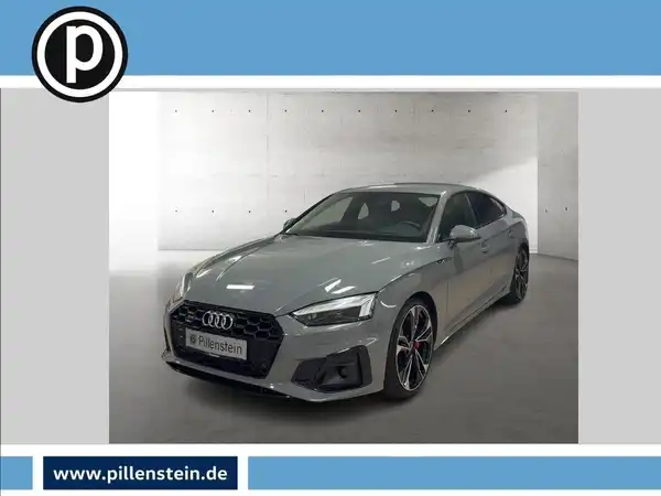 Das Bild zeigt einen grauen Audi S5, von der Seite aufgenommen. Das Händlersymbol ist eingeblendet.