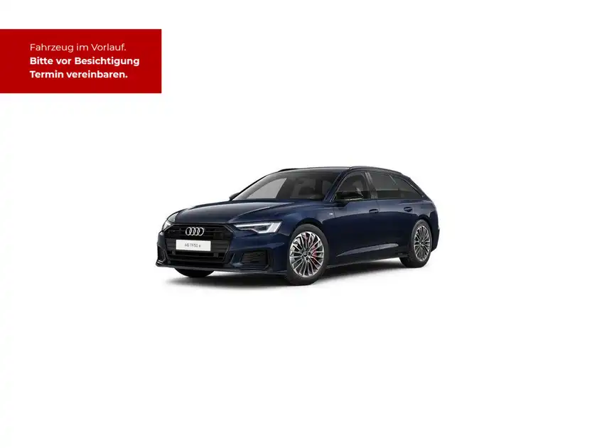 Es handelt sich um ein Bild eines blauen Audi A6 Avant, aufgenommen von der Seite. Es enthält eine Texteinblendung mit dem Hinweis zu einem Verkaufsangebot.
