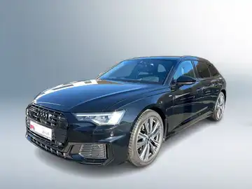 Das Bild zeigt einen schwarzen AUDI A6 Avant von der Seite. Es enthält das Händlerlogo und markante Texteinblendungen.