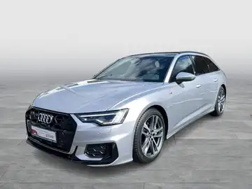 Das Bild zeigt einen silbernen Audi A6 Avant von der Seite. Es ist ein Fahrzeugbild und enthält das Händlerlogo 'Audi Zentrum Siegen' sowie zusätzliche Texteinblendungen.