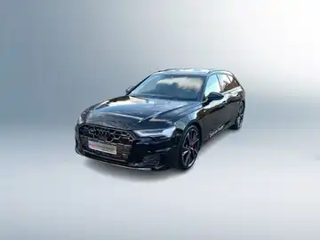 Das Bild zeigt einen schwarzen Audi A6 Avant aus der Seite aufgenommen. Im Bild sind das Händlerlogo und textliche Informationen zu sehen.