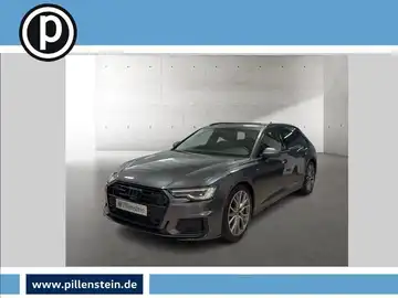 Das Bild zeigt einen grauen AUDI A6 AVANT von der Seite. Es enthält das Händlerlogo und hat markante Texteinblendungen.