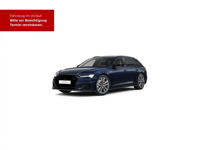Das Bild zeigt einen Audi A6 Avant von der Seite in blauer Farbe. Es enthält eine Texteinblendung auf rotem Hintergrund mit Informationen zur Fahrzeugbesichtigung.