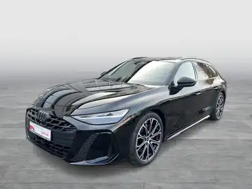 Das Bild zeigt einen schwarzen AUDI A6 AVANT von der Seite, mit Händlerlogo und markanten Texteinblendungen.