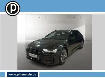 Das Bild zeigt einen schwarzen AUDI A6 AVANT von vorne. Es ist ein Händlerlogo sichtbar, und es gibt markante Texteinblendungen.