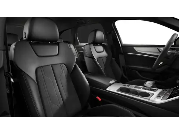 Das Bild zeigt den Innenraum eines AUDI A6 AVANT mit schwarzen Ledersitzen und einer eleganten Mittelkonsole.
