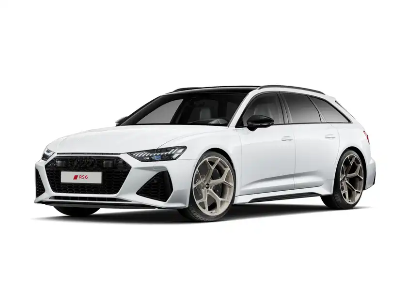 Das Bild zeigt einen weißen AUDI RS6 AVANT von der Seite.