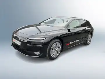 Das Bild zeigt einen schwarzen AUDI A6 AVANT E-TRON von der Seite, mit einem H ndlerlogo des Audi Zentrums Siegen und weiteren markanten Texteinblendungen.