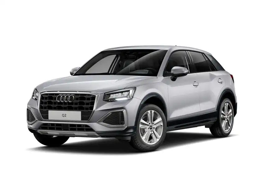 Das Bild zeigt einen silbernen Audi Q2 aus der Seitenansicht.