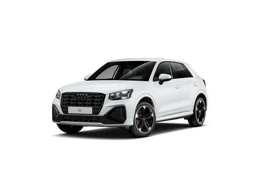 Das Bild zeigt einen weißen AUDI Q2 von der Seite.