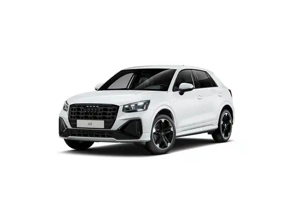 Das Bild zeigt einen weißen AUDI Q2 von der Seite.