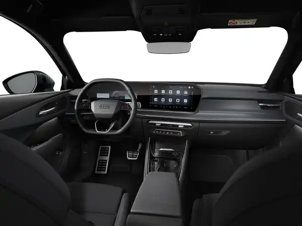 Das Bild zeigt das Innere eines Audi Q3 mit schwarzem Interieur aus Sicht des Fahrers.