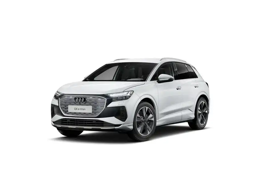 Das Bild zeigt einen weißen AUDI Q4 E-TRON aus der Seitenansicht.