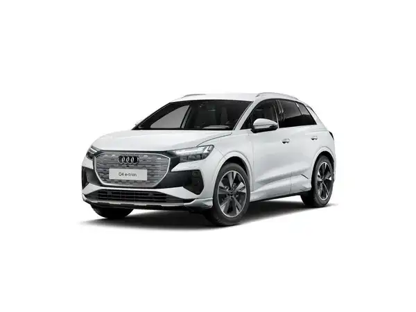 Das Bild zeigt einen weißen AUDI Q4 E-TRON aus der Seitenansicht.