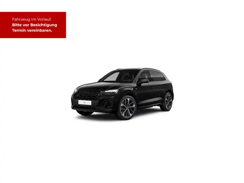 Das Bild zeigt einen schwarzen Audi Q5 von der Seite. Es enthält eine markante Texteinblendung mit der Nachricht über den Verkauf des Fahrzeugs.