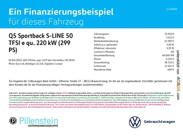 Das Bild enthält Finanzierungsdetails für einen Audi Q5 Sportback S-LINE 50. Es zeigt relevante Zahlen und Informationen zur Finanzierung.