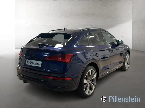 Das Bild zeigt einen blauen AUDI Q5 von hinten, mit dem Händlerlogo von Pillenstein.