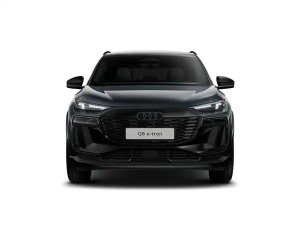 Das Bild zeigt die Vorderansicht eines schwarzen Audi e-tron. Es enthält markante Texteinblendungen, jedoch kein Händlerlogo.