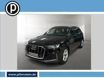 Das Bild zeigt einen schwarzen AUDI Q7 von vorne, mit sichtbarem Händlerlogo und markanten Texteinblendungen.