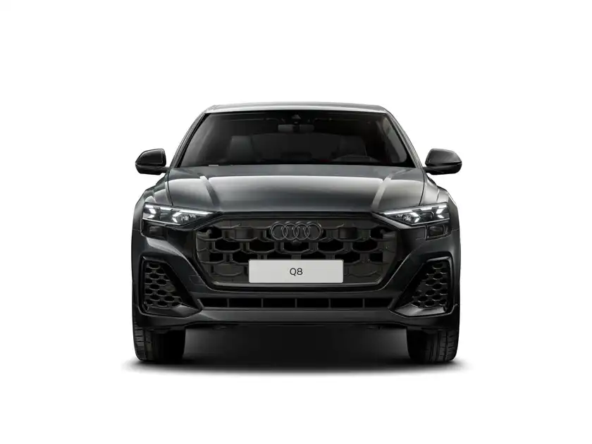 Das Bild zeigt einen AUDI Q8 aus der Frontalansicht in schwarzer Farbe, ohne Händlerlogo und mit markanten Texteinblendungen.