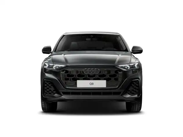 Das Bild zeigt einen AUDI Q8 aus der Frontalansicht in schwarzer Farbe, ohne Händlerlogo und mit markanten Texteinblendungen.