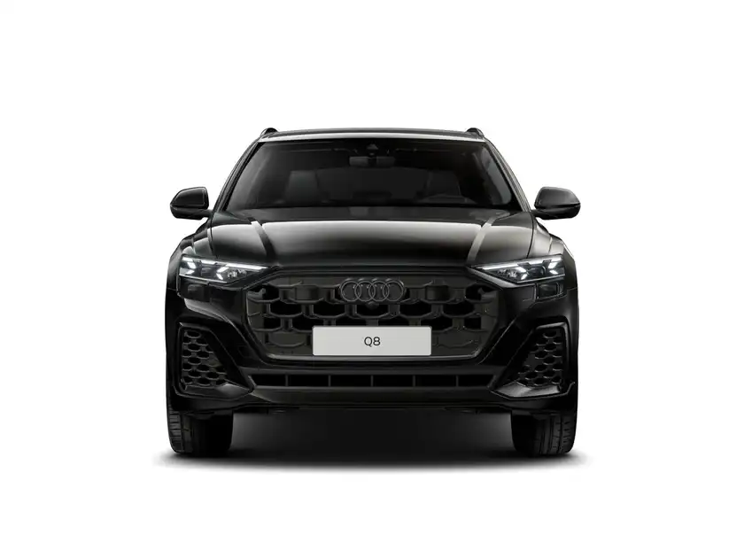 Das Bild zeigt einen schwarzen AUDI Q8 aus der Frontansicht.