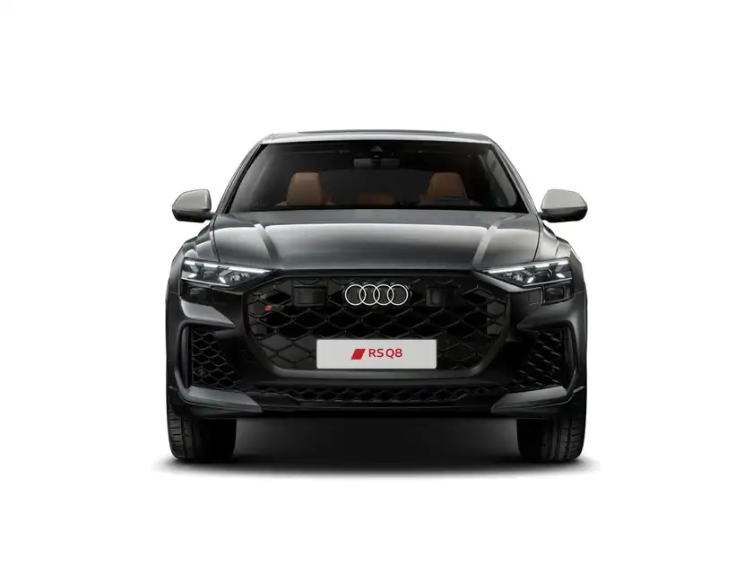 Das Bild zeigt einen schwarzen AUDI RS Q8 von vorne.