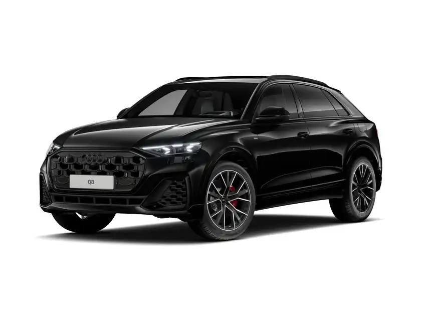 Das Bild zeigt einen schwarzen AUDI Q8 aus der Frontansicht.