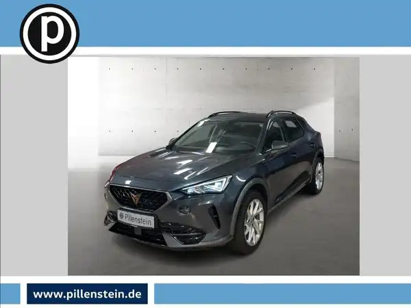 Das Bild zeigt einen CUPRA FORMENTOR von vorne in grau mit einem Händlersymbol im oberen linken Bereich.