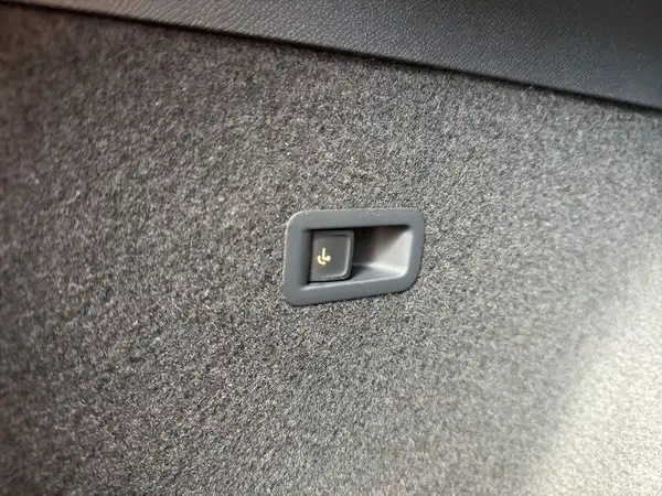 Innenaufnahme des Fahrzeugs, die einen Schalter in einer gepolsterten Fläche zeigt.