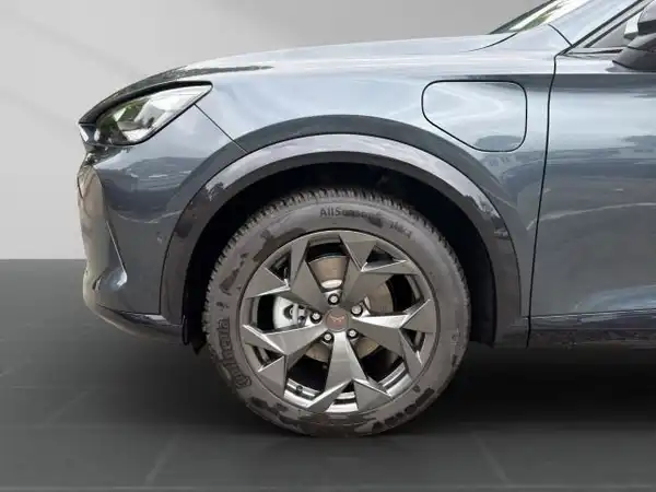 Das Bild zeigt die seitliche Ansicht eines grauen CUPRA FORMENTOR, mit besonderen Fokus auf das Rad und die Radaufhängung.