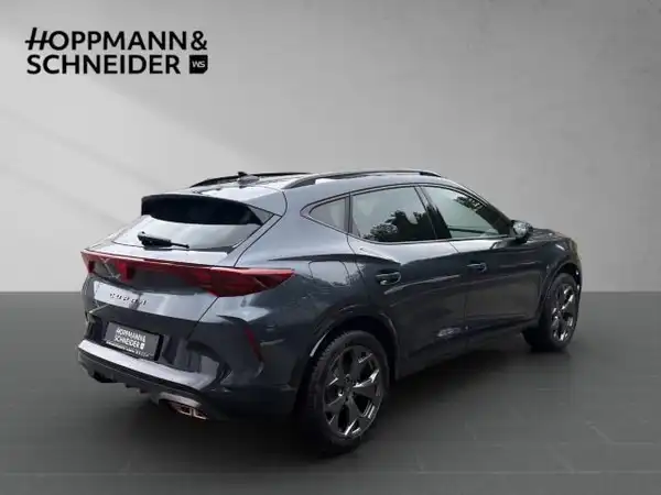 Das Bild zeigt einen CUPRA FORMENTOR aus der Rückansicht in grauer Farbe, mit dem Händlerlogo von Hoppmann & Schneider im Bild.