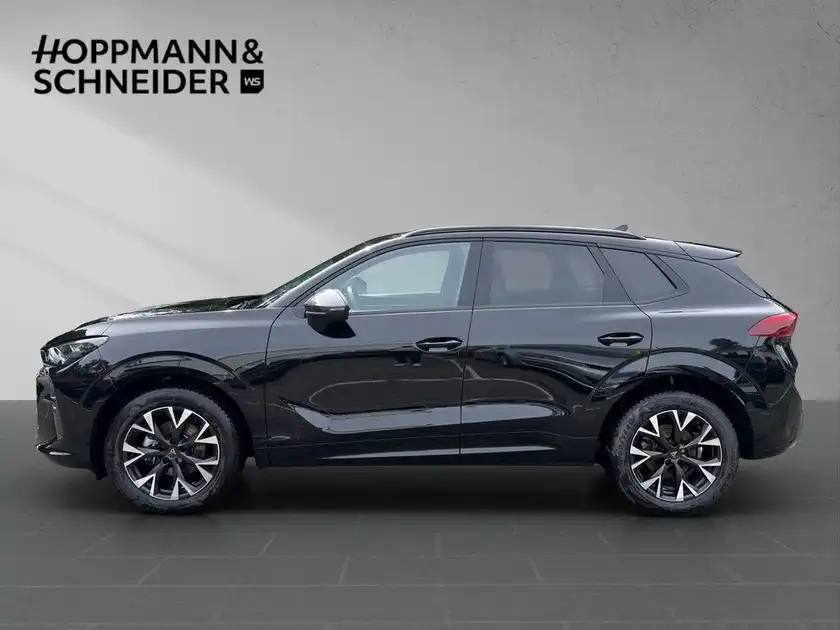 Das Bild zeigt einen CUPRA Terramar von der Seite in schwarz, mit dem Händlerlogo von Hoppmann & Schneider im oberen Bereich.