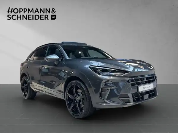 Das Bild zeigt einen CUPRA TERRAMAR von der Seite in grauer Farbe. Das Händlermarke HOPPMANN & SCHNEIDER ist im Bild zu sehen.